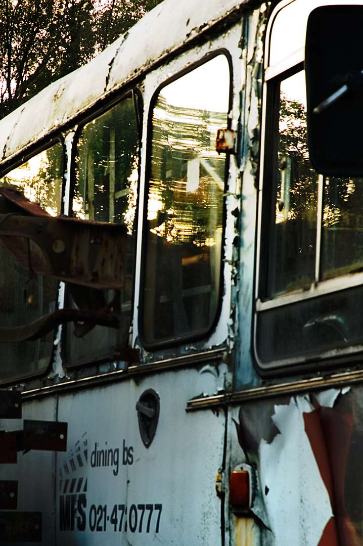 Close view of old dining bus in breaker's yard